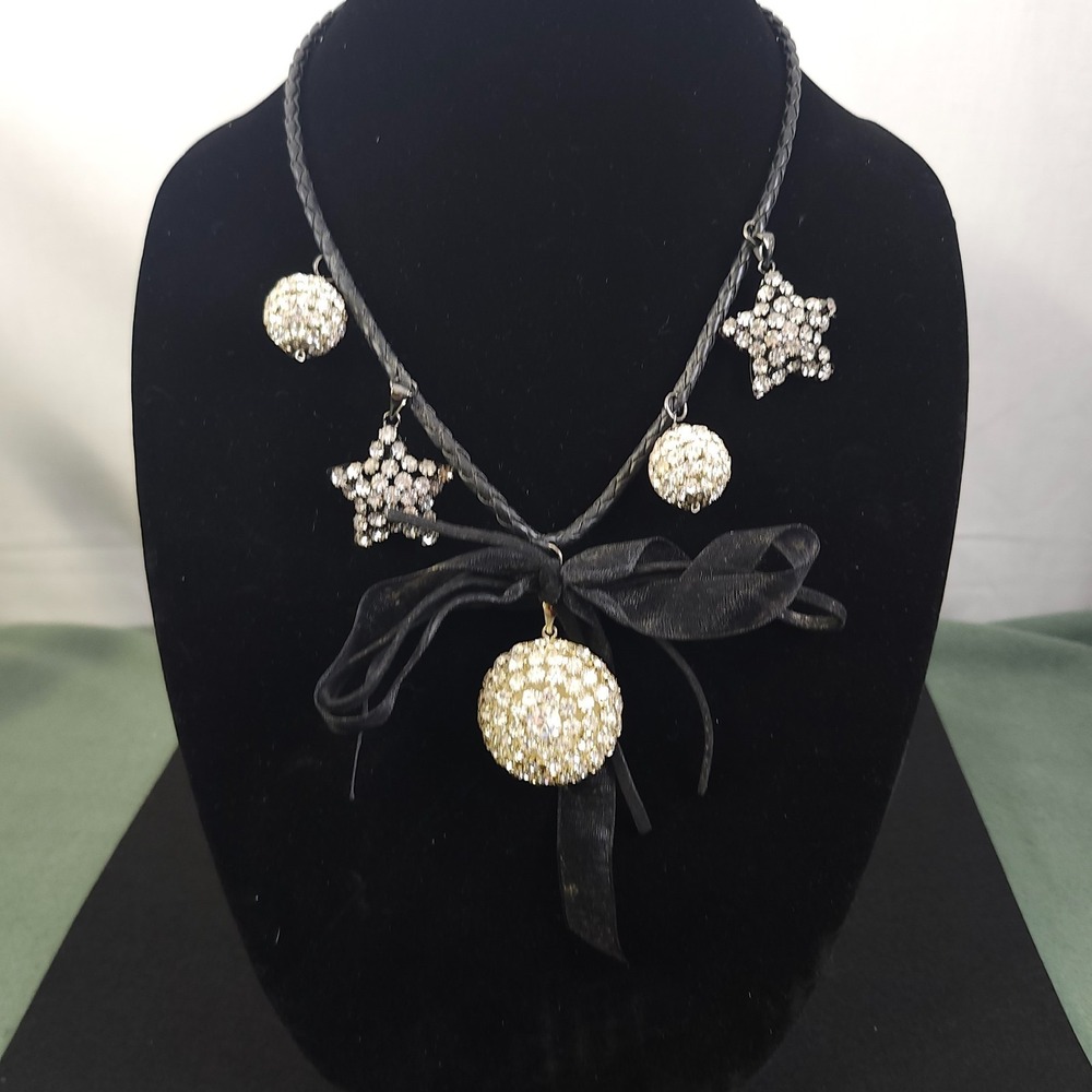 Necklace Black White Rhinestone Charm Chunky Faux Leather Cord Statement Jewelry